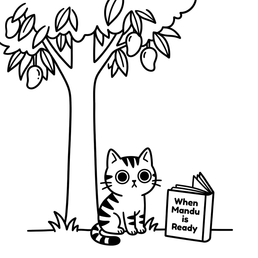 Stand-in line drawing of a cat sitting under a mango tree beside a book titled When Mandu Is Ready.