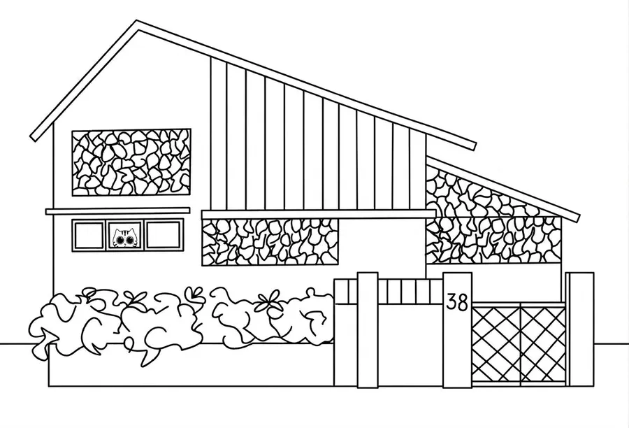 Line drawing of a house with a slanted roof, patterned windows, a hedge and a gate numbered 38, with a small cat looking out of one window.