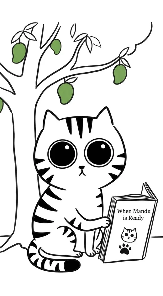Stand-in line drawing of a cat holding a book titled When Mandu Is Ready, under a mango tree with green mangoes.